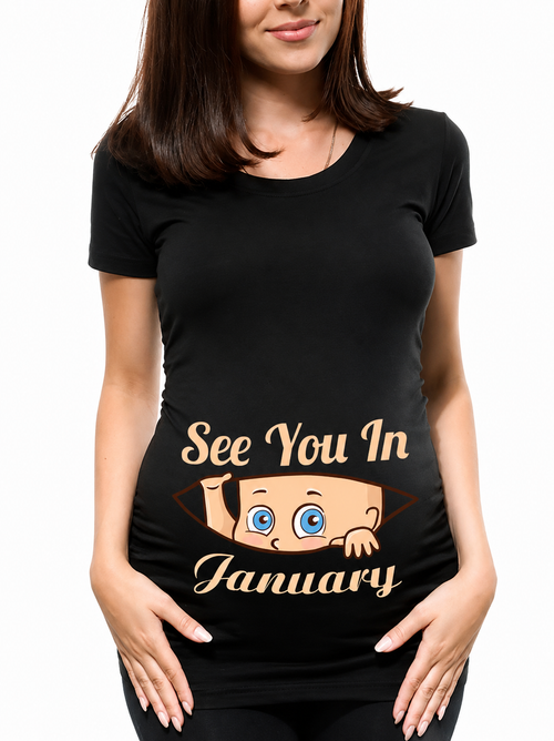 Pregnant Women's Pregnancy Announcement T-Shirt, Female Pregnancy Clothes, New Mom Clothes, See You in January-December, Funny