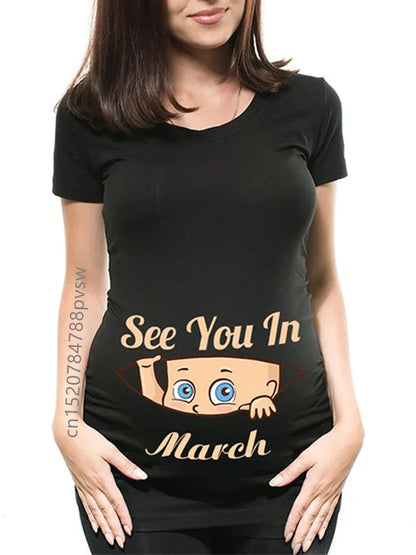 Pregnant Women's Pregnancy Announcement T-Shirt, Female Pregnancy Clothes, New Mom Clothes, See You in January-December, Funny