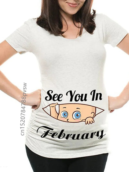 Pregnant Women's Pregnancy Announcement T-Shirt, Female Pregnancy Clothes, New Mom Clothes, See You in January-December, Funny