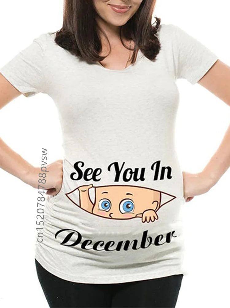 Pregnant Women's Pregnancy Announcement T-Shirt, Female Pregnancy Clothes, New Mom Clothes, See You in January-December, Funny