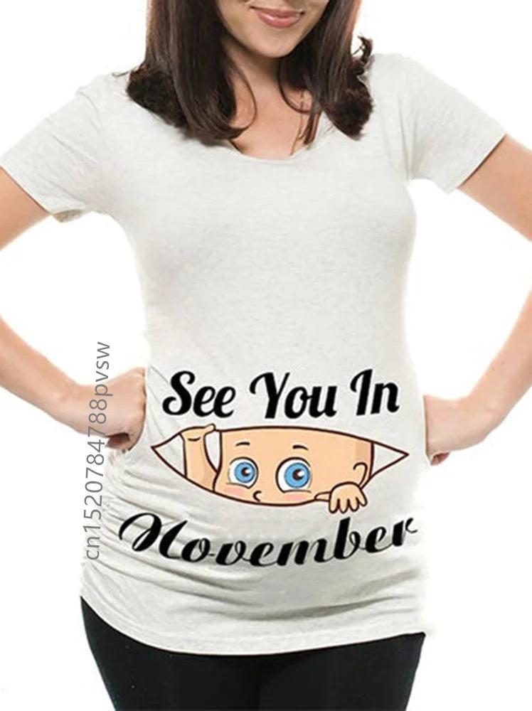 Pregnant Women's Pregnancy Announcement T-Shirt, Female Pregnancy Clothes, New Mom Clothes, See You in January-December, Funny