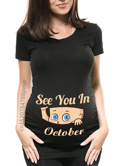 Pregnant Women's Pregnancy Announcement T-Shirt, Female Pregnancy Clothes, New Mom Clothes, See You in January-December, Funny