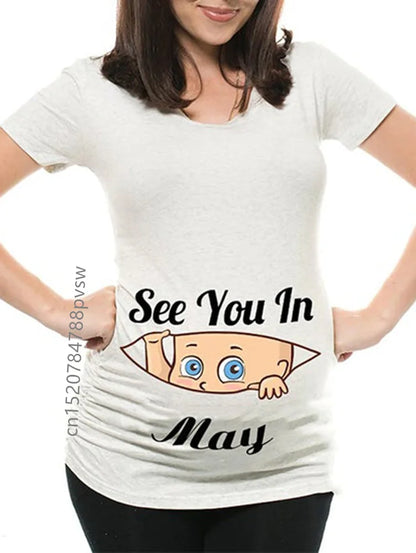 Pregnant Women's Pregnancy Announcement T-Shirt, Female Pregnancy Clothes, New Mom Clothes, See You in January-December, Funny