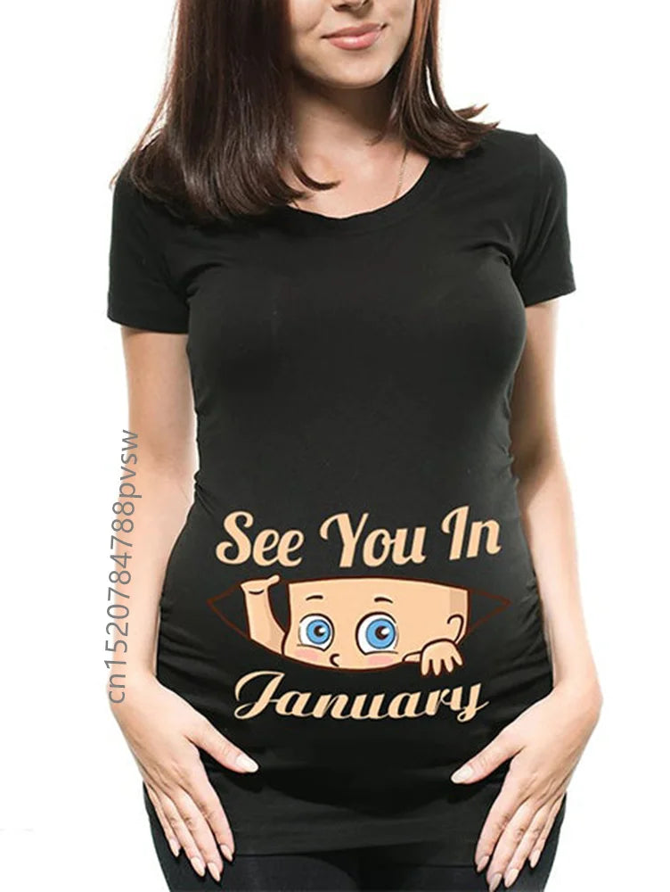Pregnant Women's Pregnancy Announcement T-Shirt, Female Pregnancy Clothes, New Mom Clothes, See You in January-December, Funny