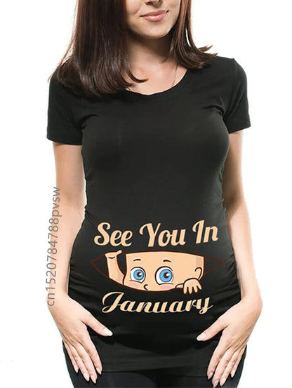 Pregnant Women's Pregnancy Announcement T-Shirt, Female Pregnancy Clothes, New Mom Clothes, See You in January-December, Funny