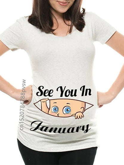 Pregnant Women's Pregnancy Announcement T-Shirt, Female Pregnancy Clothes, New Mom Clothes, See You in January-December, Funny